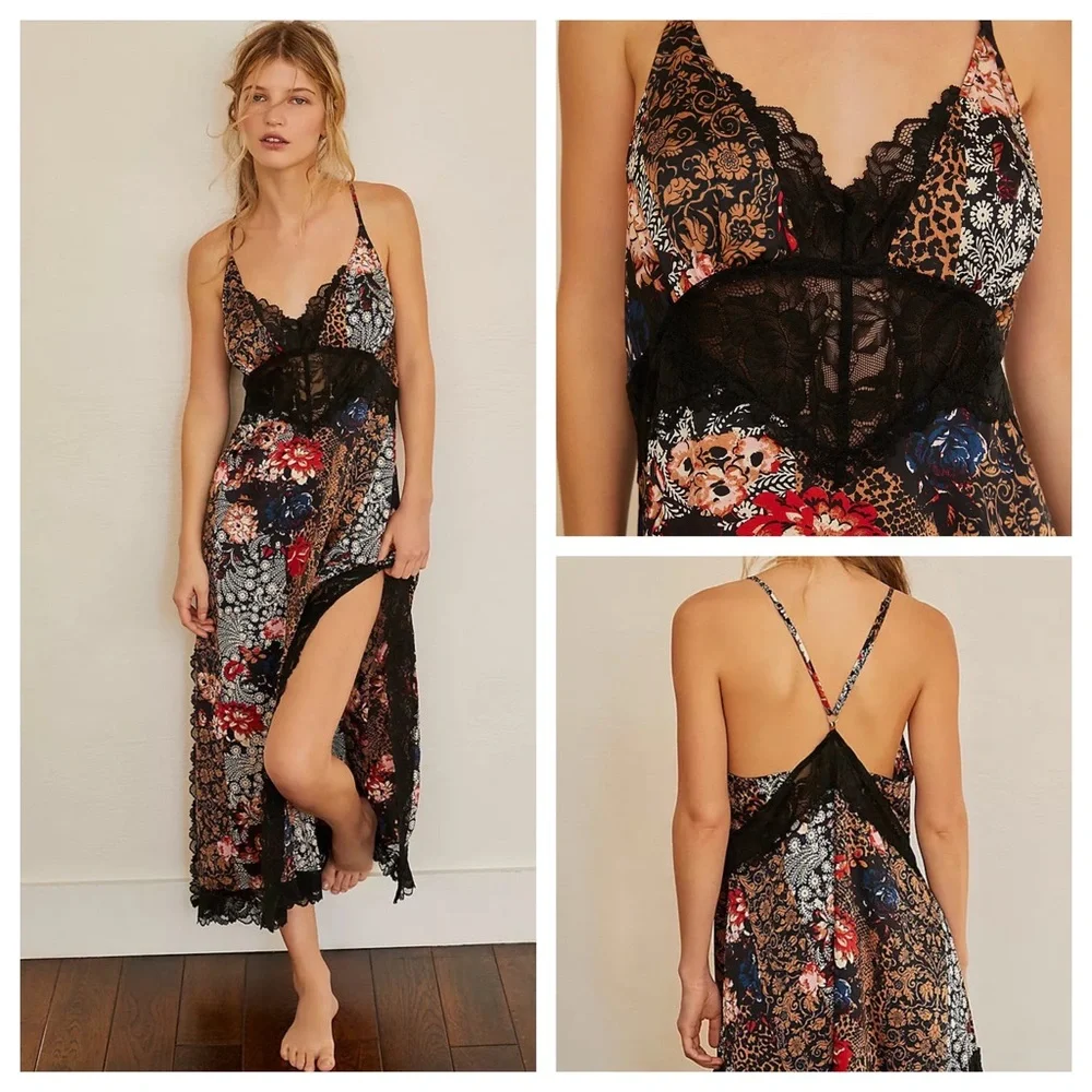 Free People Intimately right now midi slip dress nightie black combo festival - Picture 1 of 16